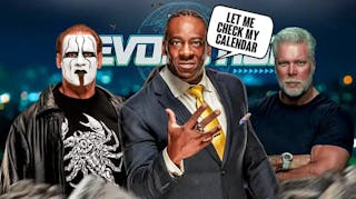 Booker T with a text bubble reading “Let me check my calendar” with Sting on his left, Kevin Nash on his right and the AEW Revolution logo as the background.