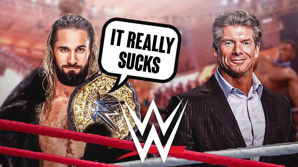 Seth Rollins with a text bubble reading “It really sucks“ next to Vince McMahon with the WWE logo as the background.