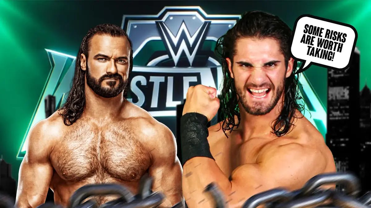 Seth Rollins with a text bubble reading “Some risks are worth taking!” next to Drew McIntyre with the WrestleMania 40 logo as the background.