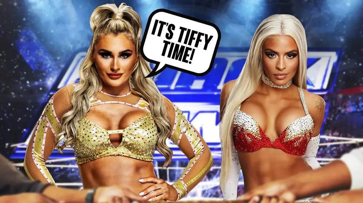 Tiffany Stratton with a text bubble reading “It’s Tiffy Time!” next to Zelina Vega with the SmackDown logo as the background.