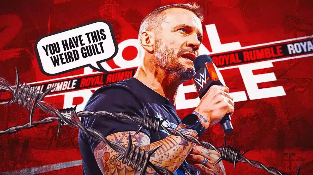 CM Punk with a text bubble reading “You have this weird guilt” with the 2024 Royal Rumble logo as the background.