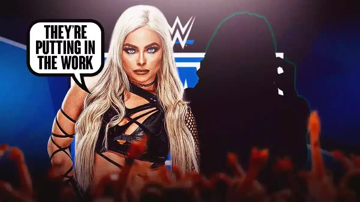 Liv Morgan with a text bubble reading “They’re putting in the work” next to the blacked-out silhouette of B-Fab with the SmackDown logo as the background.