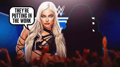 Liv Morgan with a text bubble reading “They’re putting in the work” next to the blacked-out silhouette of B-Fab with the SmackDown logo as the background.