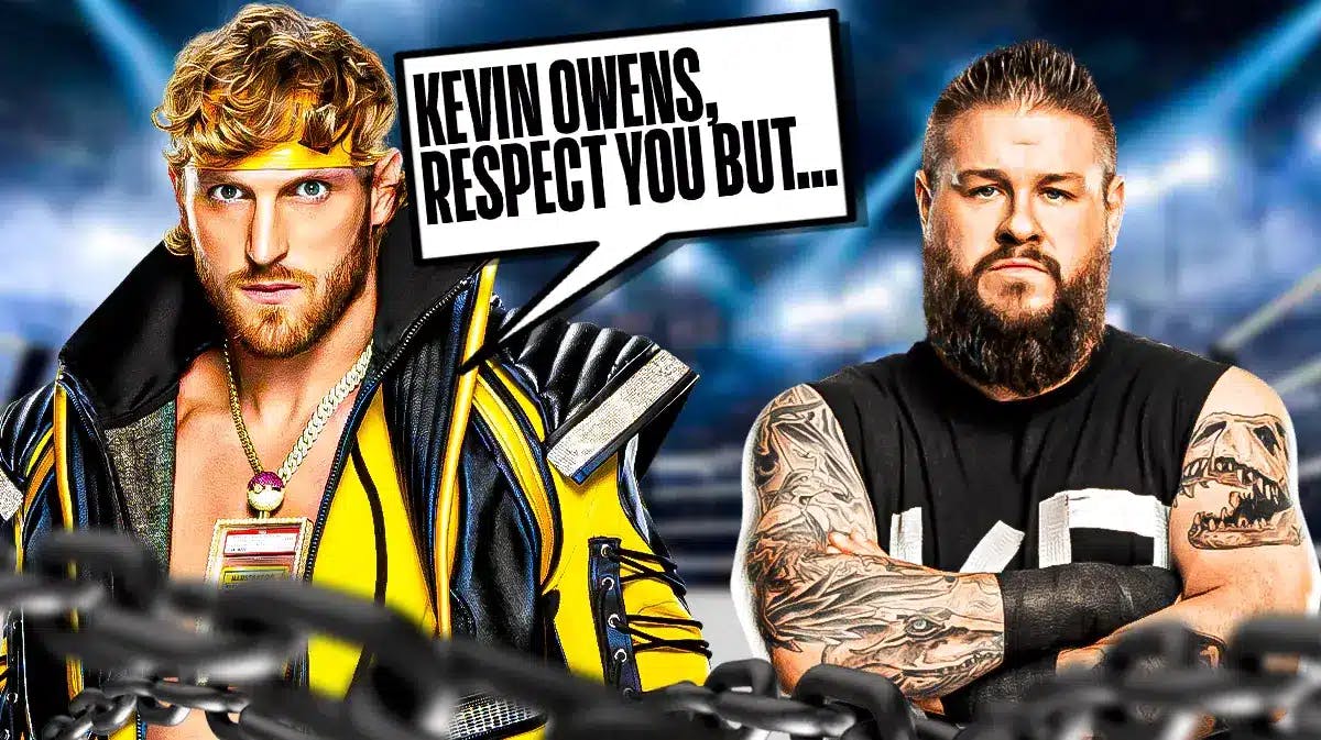 Logan Paul with a text bubble reading “Kevin Owens, I respect you but…” next to Kevin Owens with the SmackDown logo as the background.