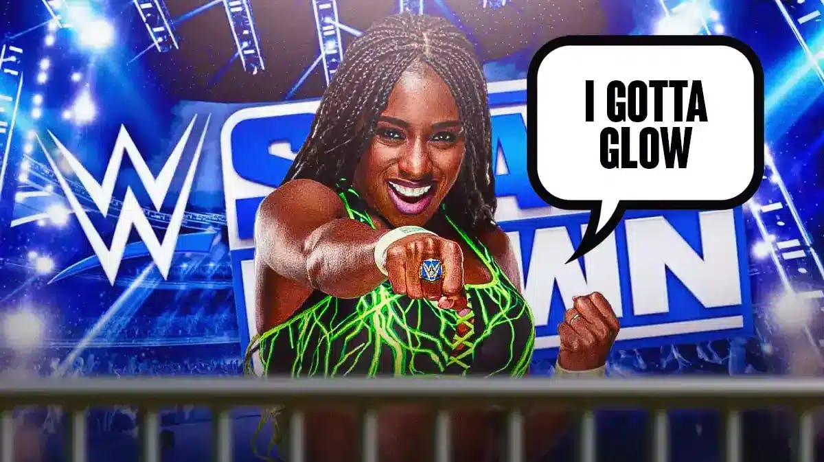 TNA’s Trinity Fatu with a text bubble reading “I gotta Glow” with the SmackDown logo as the background.