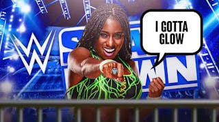 TNA’s Trinity Fatu with a text bubble reading “I gotta Glow” with the SmackDown logo as the background.