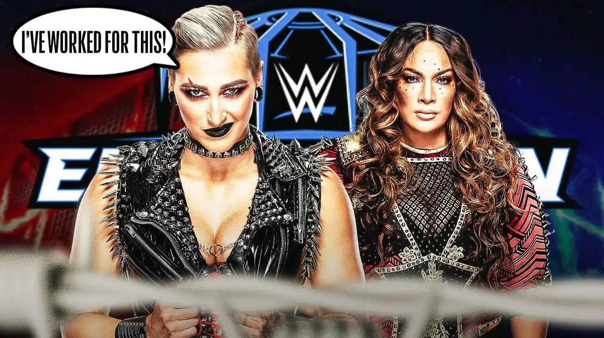 Rhea Ripley with a text bubble reading “I’ve worked for this!” next to Nia Jax with the Elimination Chamber logo as the background.