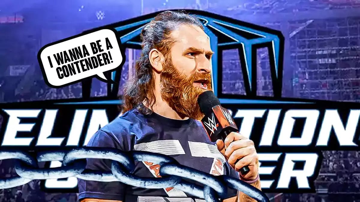 Sami Zayn with a text bubble reading “ I wanna be a contender!” with the Elimination Chamber logo as the background.