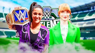 WWE star Bayley with WrestleMania 40 logo and Paramore lead singer Hayley Williams and Lincoln Financial Field background.