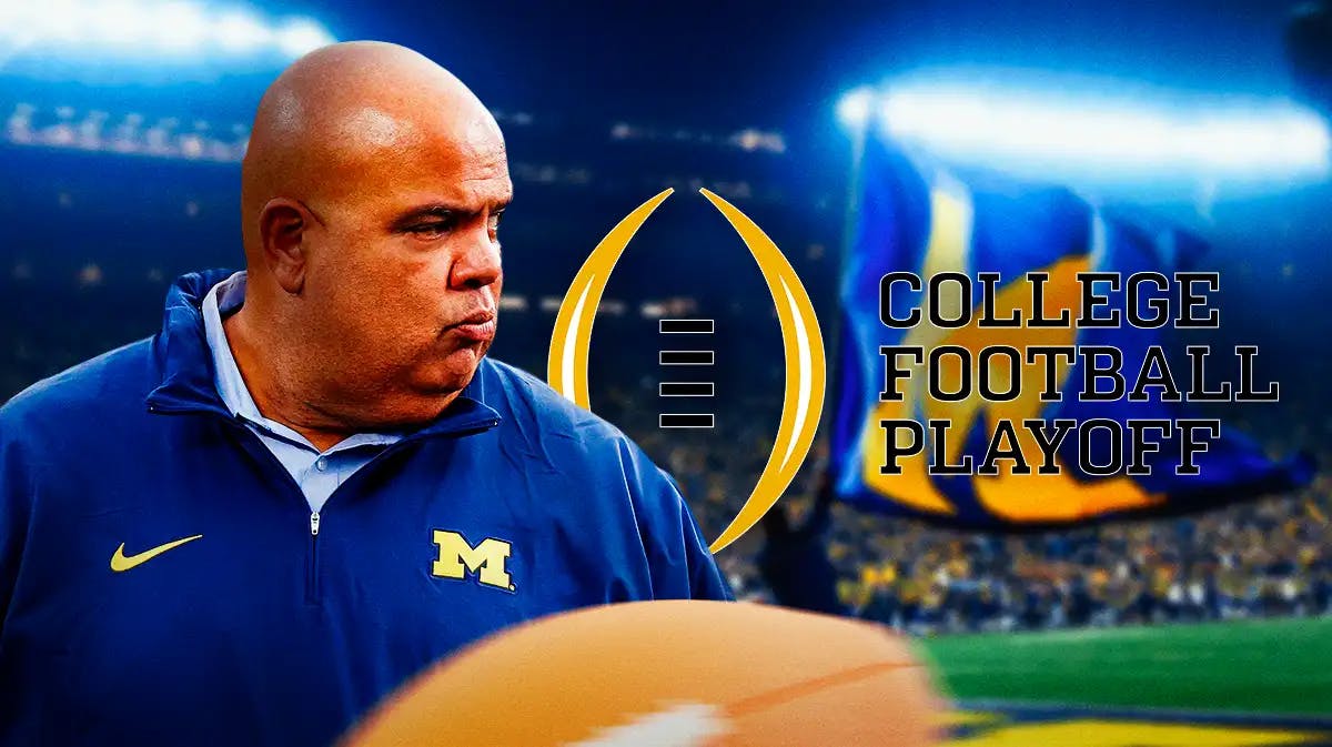 Michigan football, Warde Manuel, College Football Playoff, College Football Playoff committee, Wolverines, Warde Manuel and College Football Playoff logo with Michigan football stadium in the background