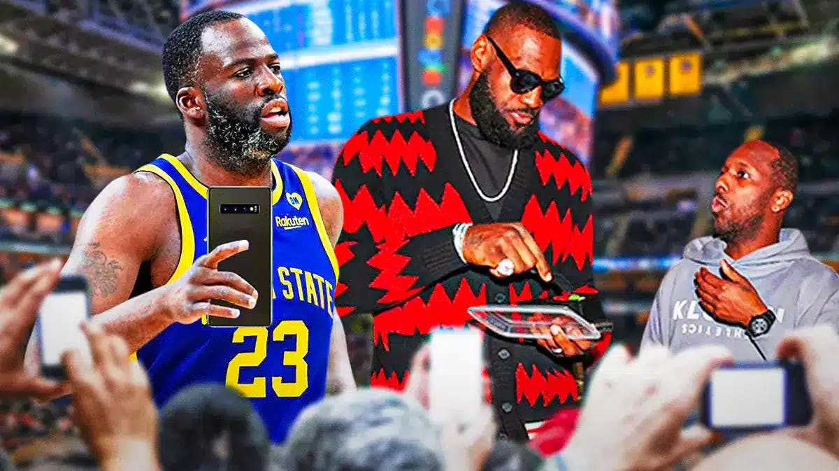 Warriors' Draymond Green using his phone to call someone, with Rich Paul and Lakers' LeBron James together