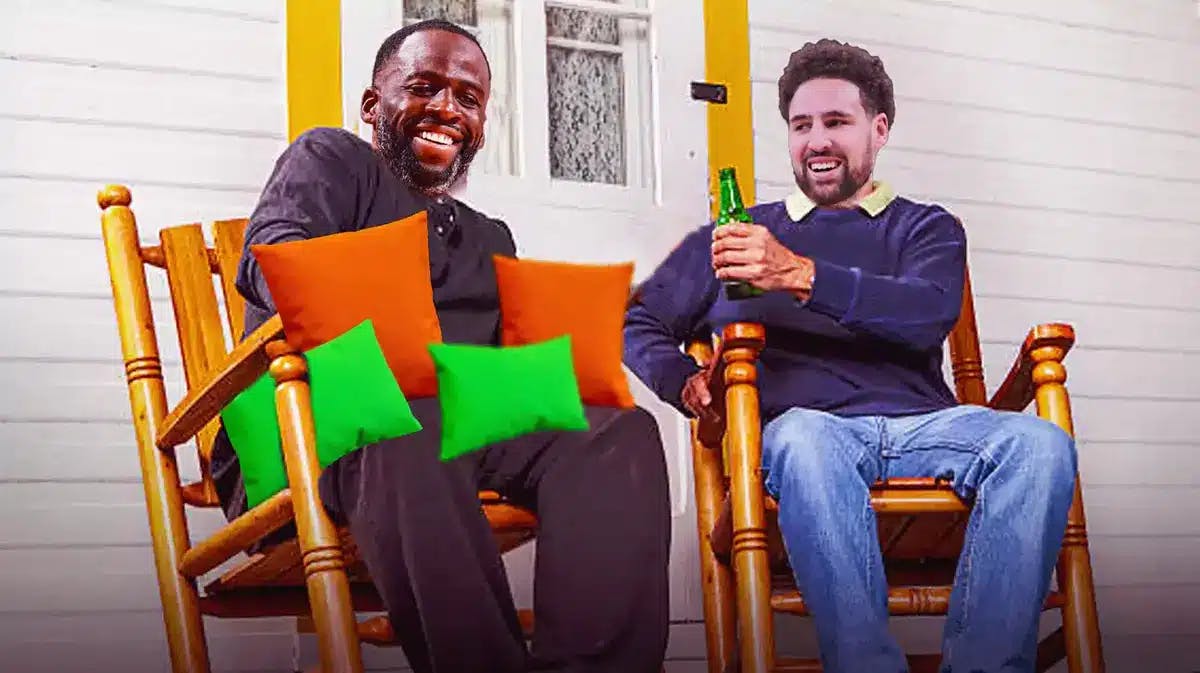 Warriors' Draymond Green and Klay Thompson sitting on rocking chairs, smiling
