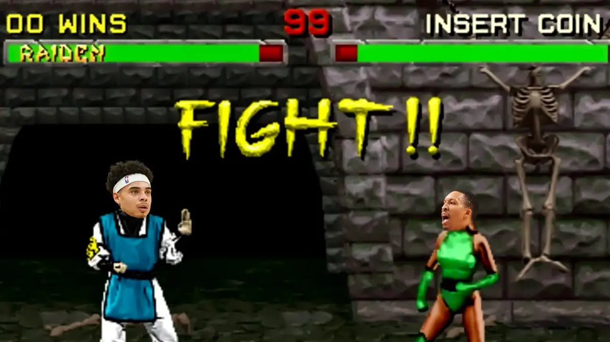 Warriors' Lester Quinones and Hornets' Grant Williams in a Mortal Kombat VS screen