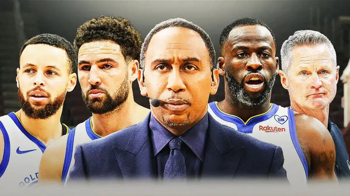 Stephen A. Smith hyped up in the middle, with heads of Klay Thompson, Stephen Curry, Steve Kerr, and Draymond Green around him