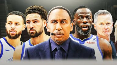 Stephen A. Smith hyped up in the middle, with heads of Klay Thompson, Stephen Curry, Steve Kerr, and Draymond Green around him