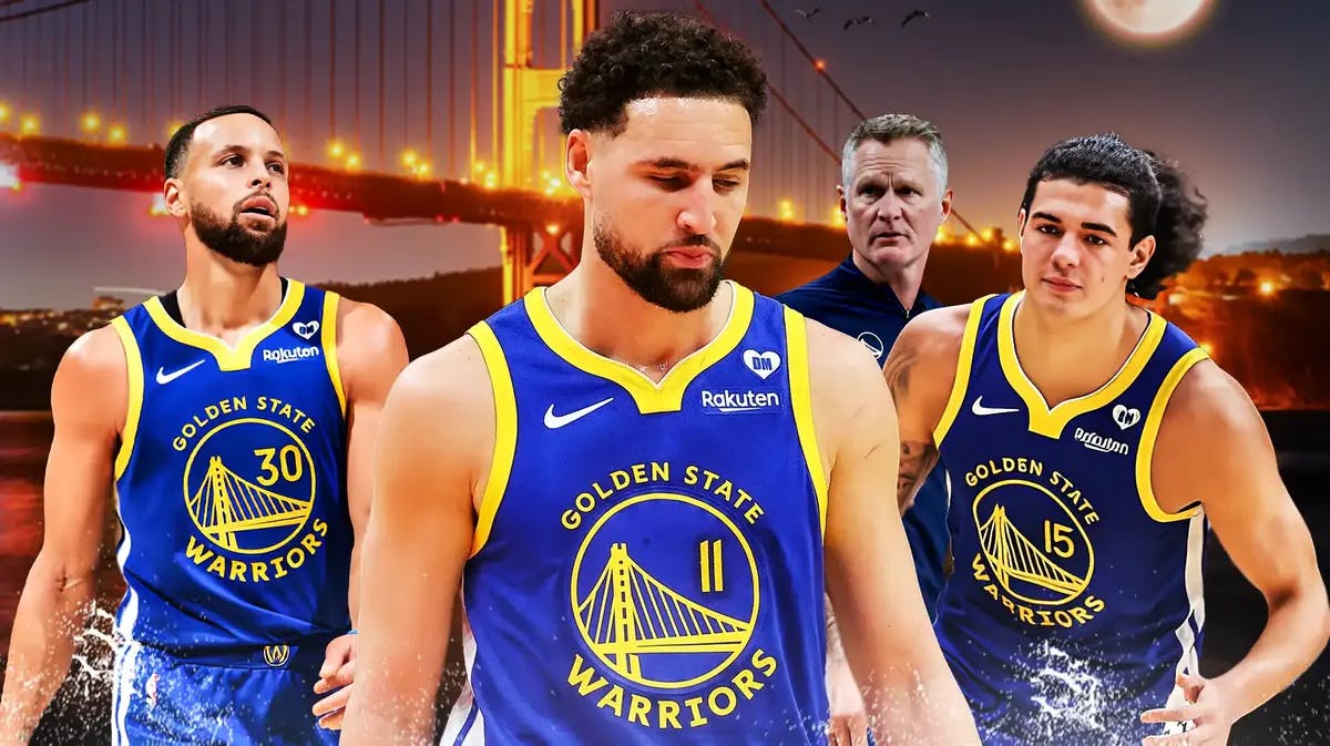 Warriors' Klay Thompson sad in the middle, with Stephen Curry, Steve Kerr, and Gui Santos all around Klay