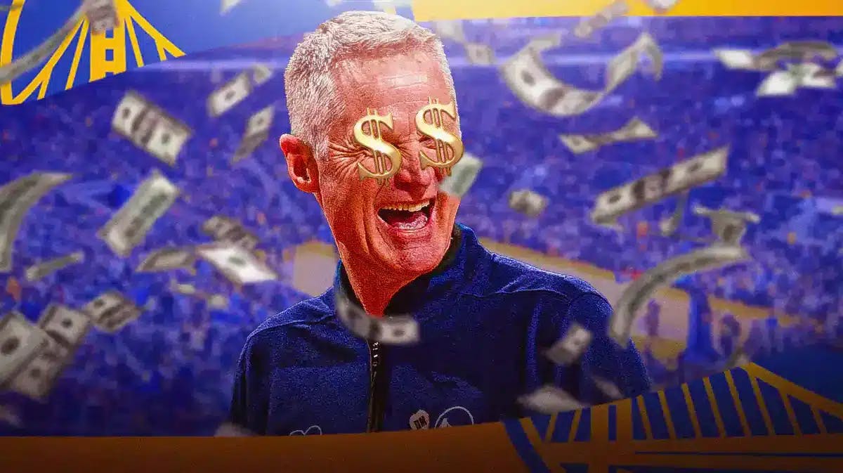 Need image of Steve Kerr with dollar signs in his eyes, money falling around him