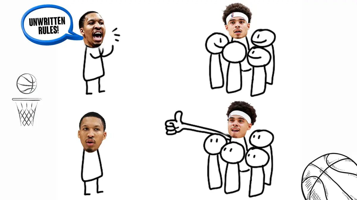 Hornets' Grant Williams as the yelling guy in the meme, screaming out: “UNWRITTEN RULES!”, with Lester Quinones as the thumbs up guy