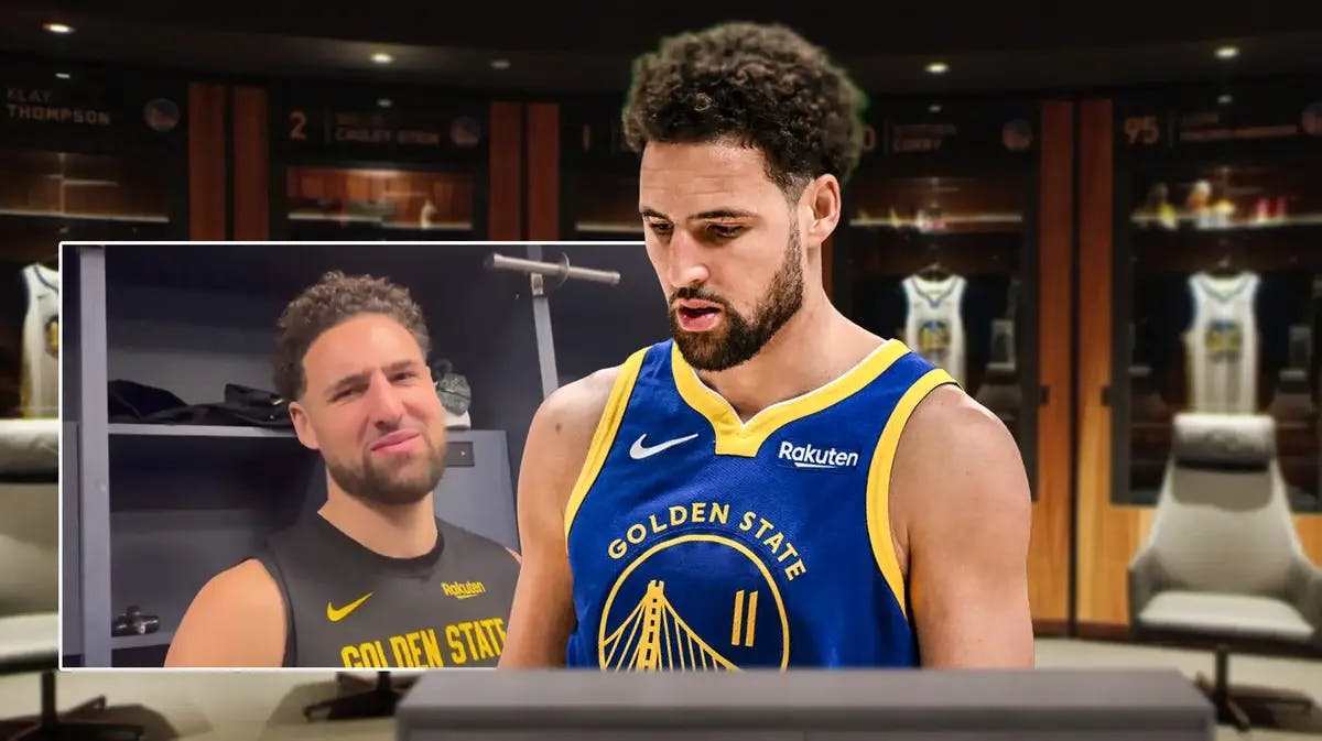 Warriors' Klay Thompson looking sad, with a screenshot of him being sad in an interview on the side