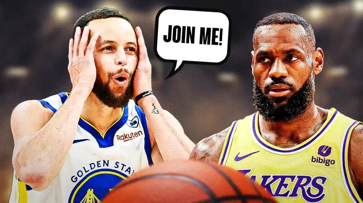 Warriors' Stephen Curry on one side with a speech bubble that says “Join me!” LeBron James on the other side