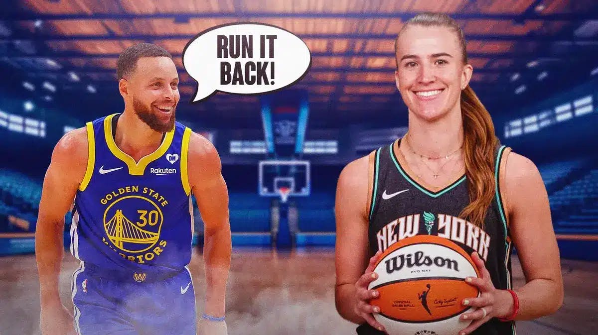 Photo: Steph Curry saying “Run it back!”, have Sabrina Ionescu smiling beside him
