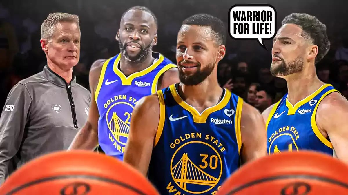 Klay Thompson saying "Warrior for life" next to Stephen Curry, Draymond Green and Steve Kerr