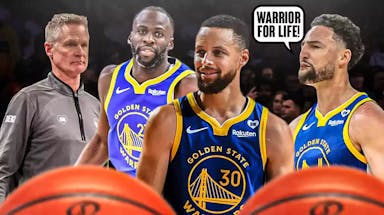 Klay Thompson saying "Warrior for life" next to Stephen Curry, Draymond Green and Steve Kerr