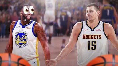 Warriors' Draymond Green with eyes bugging out, Nuggets' Nikola Jokic