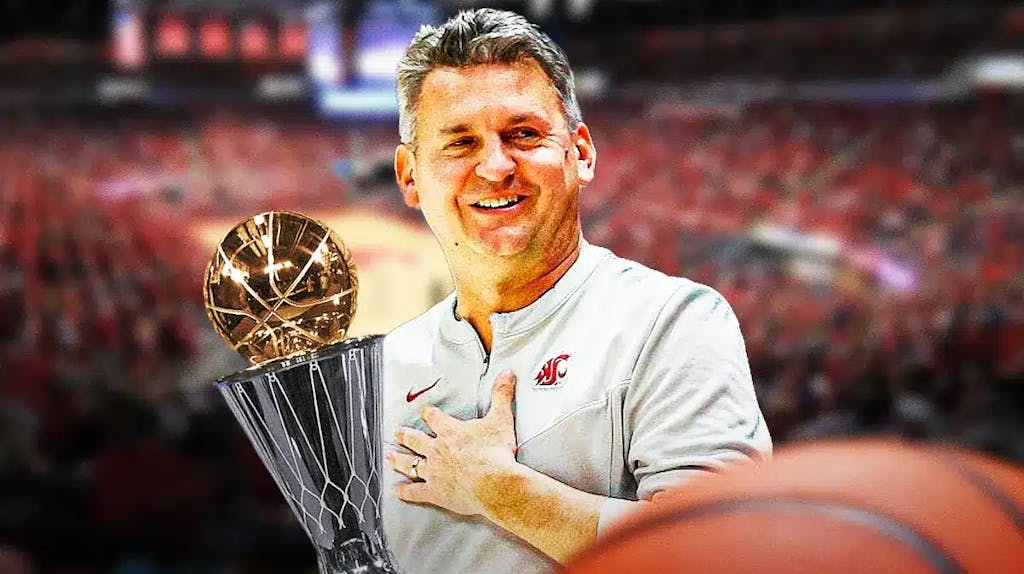 Washington State basketball, Cougars, Naismith Coach of the Year, Kyle Smith, Kyle Smith Coach of the Year finalist, Washington State basketball coach Kyle Smith smiling and mens basketball coach of the year trophy with Washington State basketball arena in the background