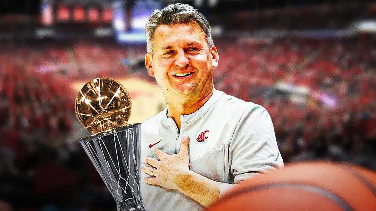 Washington State basketball, Cougars, Naismith Coach of the Year, Kyle Smith, Kyle Smith Coach of the Year finalist, Washington State basketball coach Kyle Smith smiling and mens basketball coach of the year trophy with Washington State basketball arena in the background
