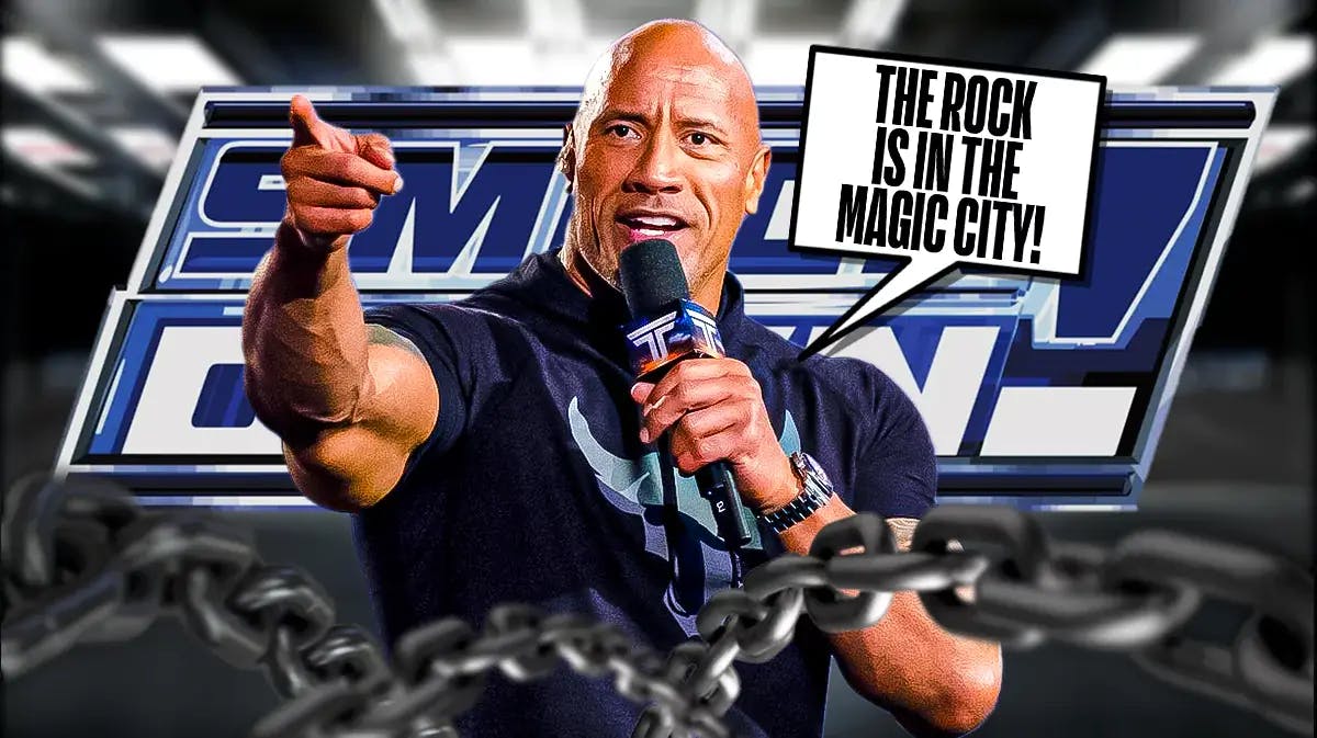 The Rock holding a microphone with a text bubble reading “The Rock is in the Magic City!” with the SmackDown logo as the background.