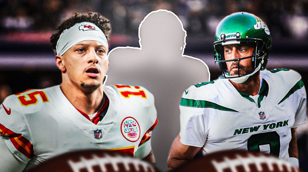 Patrick Mahomes and Aaron Rodgers with a silhouette of a high school football player.