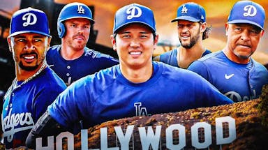 Dodgers' Shohei Ohtani in front smiling. Place Dodgers' Mookie Betts and Dodgers' Freddie Freeman on left looking at Ohtani. Place Dodgers' Dave Roberts and Dodgers' Clayton Kershaw on right looking at Ohtani.