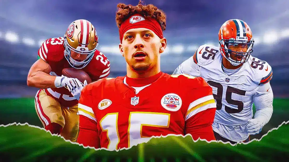 Chiefs' Patrick Mahomes in front looking serious. In background on left need 49ers' Christian McCaffrey running with a football. In background on right need Browns' Myles Garrett playing football.