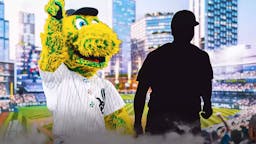 White Sox mascot with silhouette of Mike Moustakas