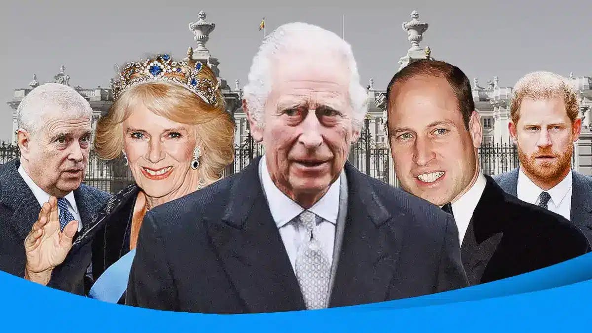 From left to right: Duke of York, Queen Camilla, King Charles, Prince William, Duke of Sussex