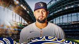 Gary Sanchez stands in front of Brewers logo amid his MLB free Agency contract