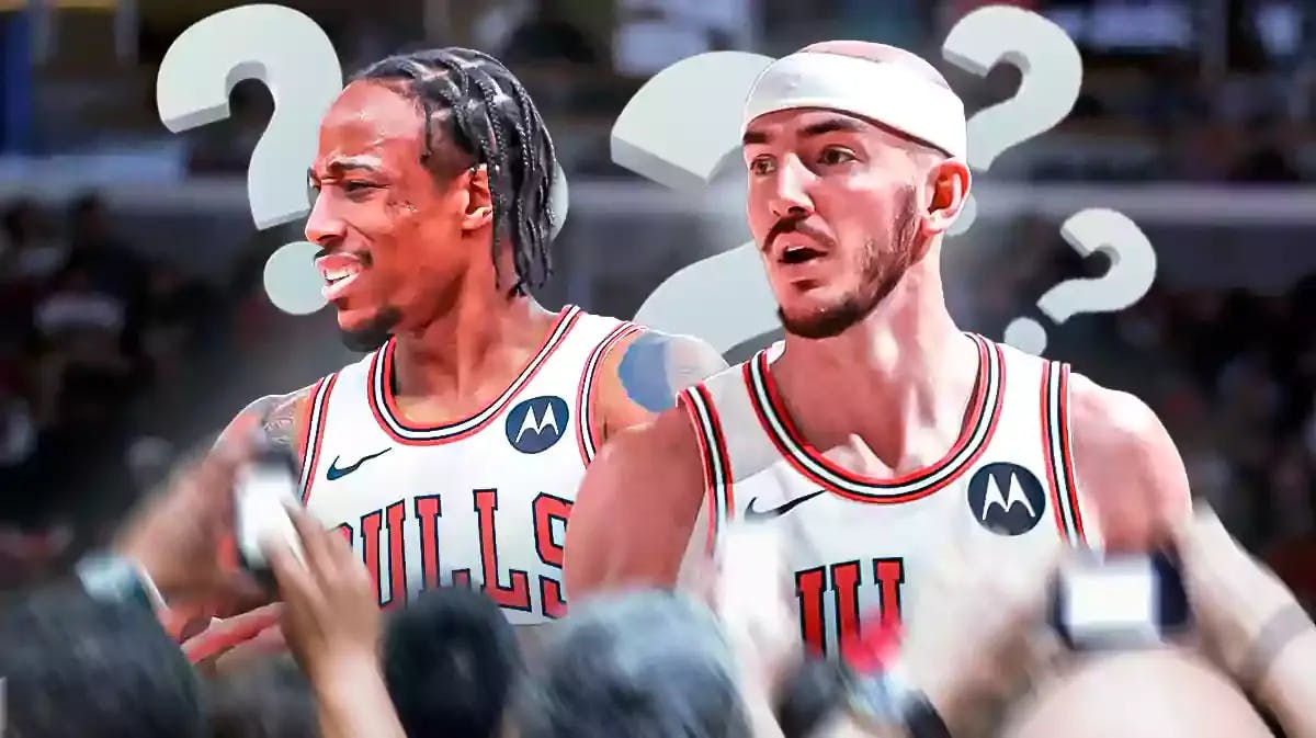 Bulls' DeMar DeRozan and Alex Caruso with several question marks above their heads