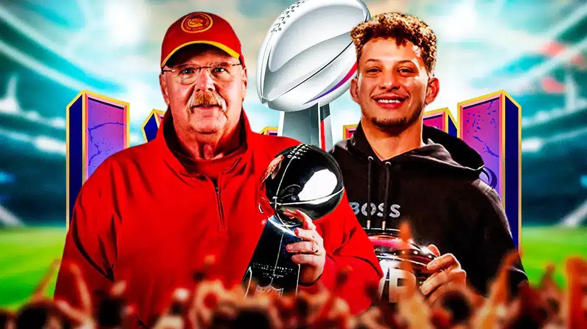 Patrick Mahomes, Andy Reid. Lombardi Trophy and Super Bowl 58 logo in background