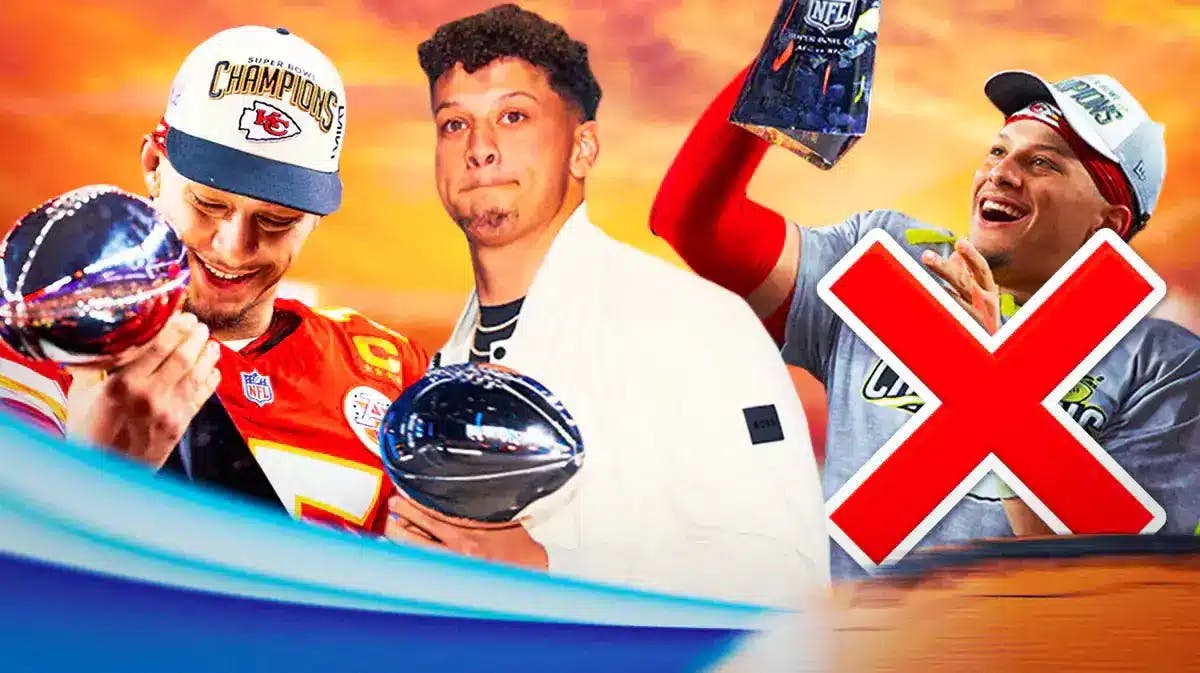 Three of the same images of Patrick Mahomes holding up the Lombardi Trophy with the third one (on right looking at graphic) with a big red x over it
