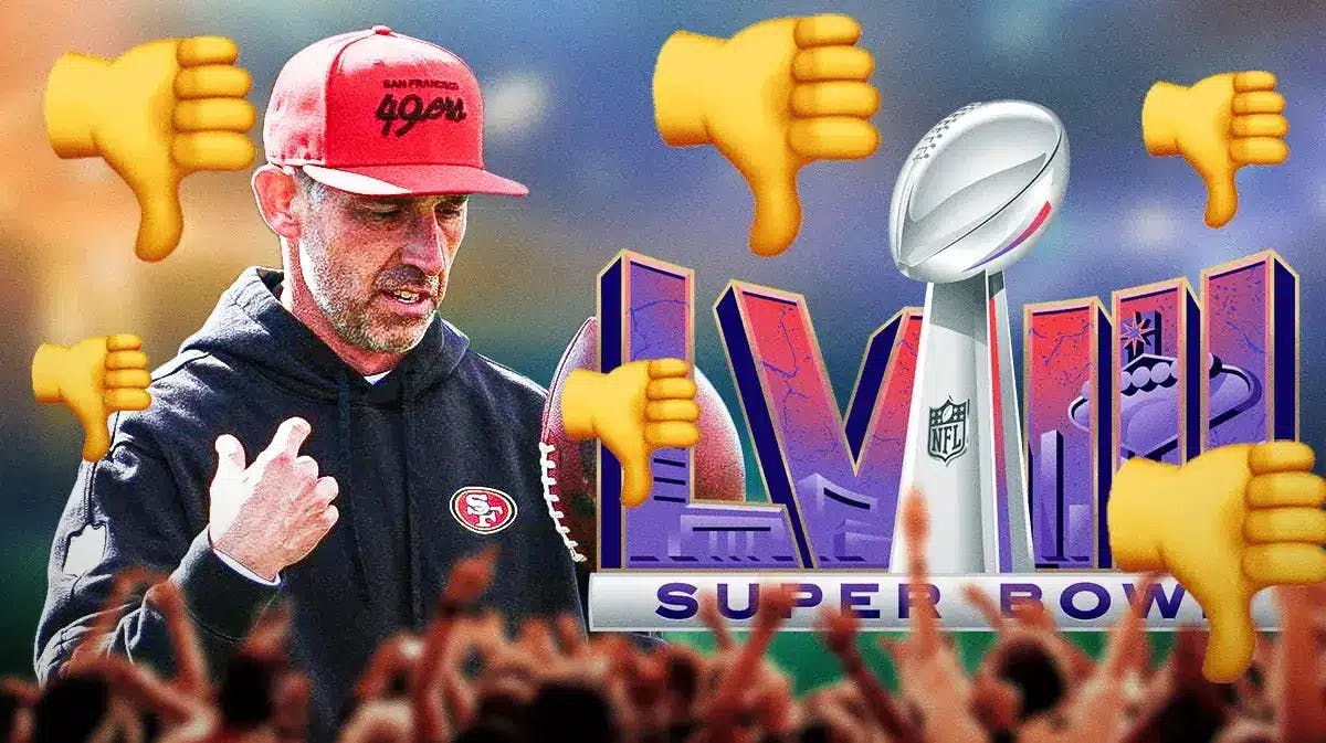 49ers coach Kyle Shanahan next to the Super Bowl 58 logo and thumbs down emojis all around