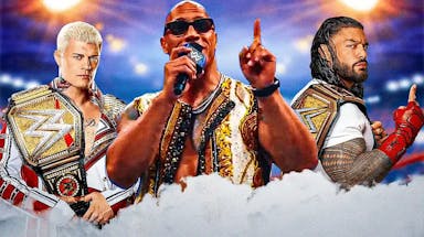 The Rock on SmackDown in fancy shirt, with Cody Rhodes and Roman Reigns with WWE Undisputed Championship