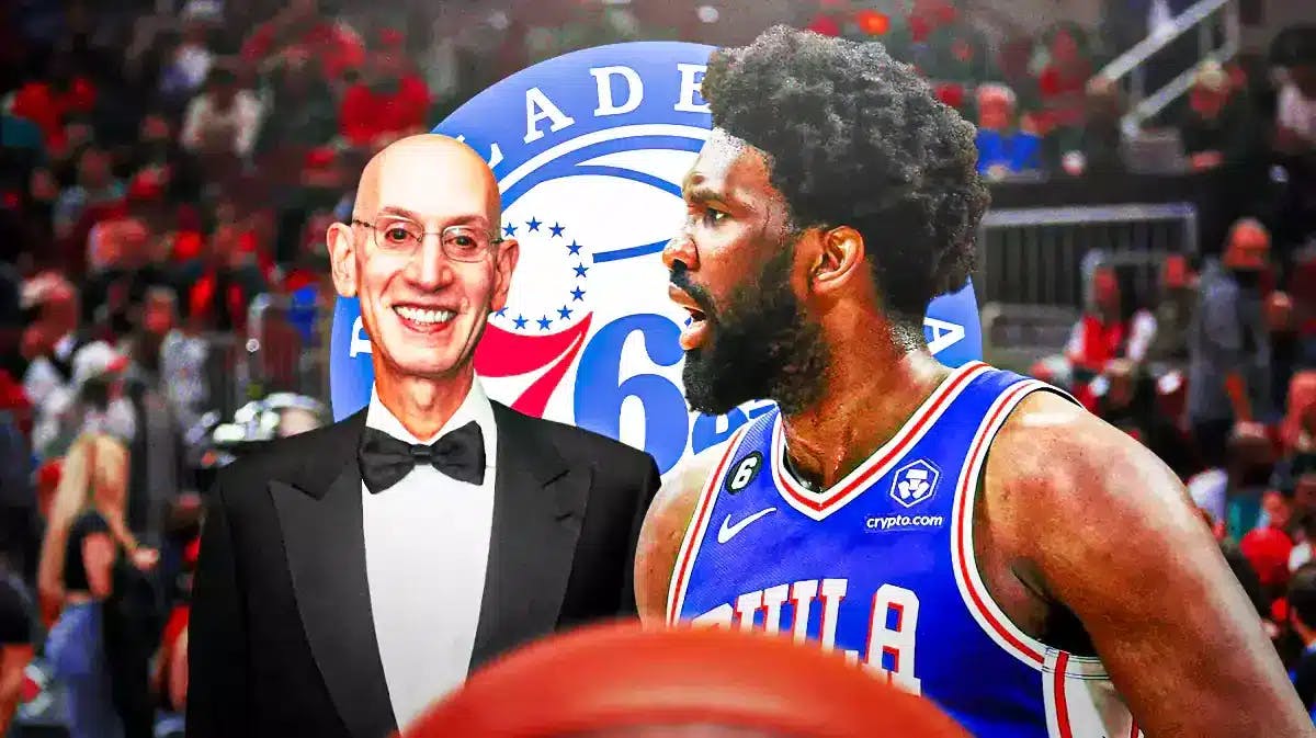 Joel Embiid in middle of image looking stern, Adam Silver in image, 76ers logo, NBA court in background
