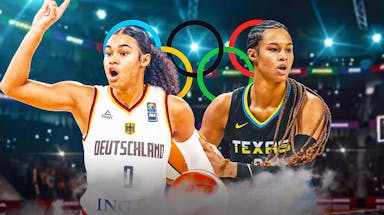 A double image of Satou Sabally, one of her in her Dallas Wings jersey and another of her in her Germany jersey, have the Olympics logo in the background