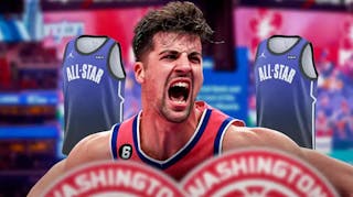 Wizards' Deni Avdija hyped up, with All-Star jerseys floating beside him