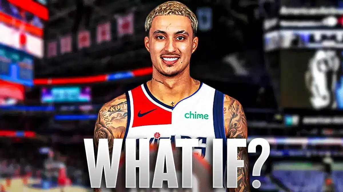 Wizards' Kyle Kuzma in the middle, wearing a Wizards/Mavericks uniform split in half, also split background in half, with the American Airlines Center on the Mavericks side background and Capitol One Arena on the Wizards side: with caption below: WHAT IF?
