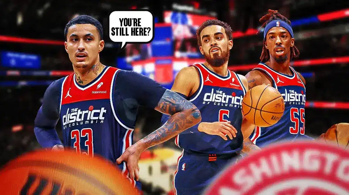 Wizards' Kyle Kuzma as Ferris Bueller: “You’re still here?” while looking at Tyus Jones and Delon Wright