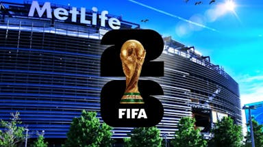 2026 FIFA World Cup logo with MetLife Stadium in the background