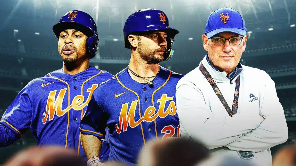 Pete Alonso, Francisco Lindor, Steve Cohen with a Mets hat