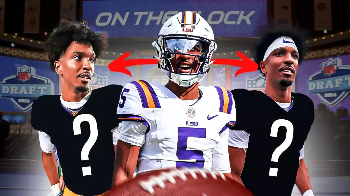 Jayden Daniels in an LSU jersey, two arrows from that pic pointing at same pic of Jayden Daniels but in a blank jersey with a question mark where the number would be and an NFL draft background